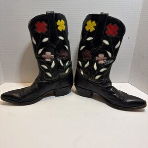 Vintage 1970’s Larry Mahan Black Boots with Floral Inlay